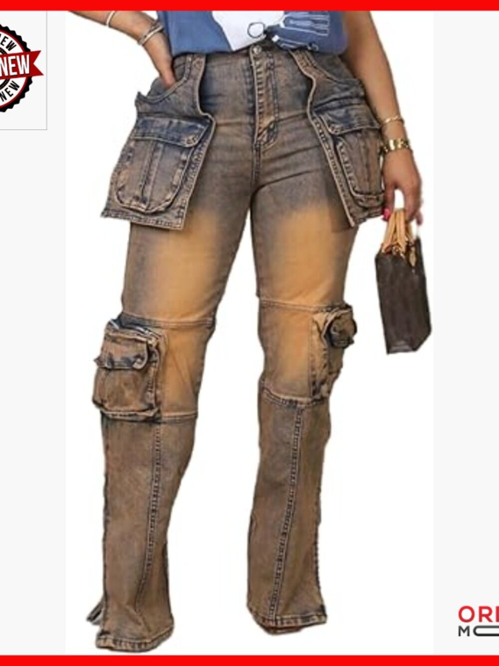Stretch Cargo Jeans Straight Leg Side Zipper Slit Denim Pants with Pockets